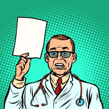 help information skeptical male doctor. Medicine and health. Comic cartoon pop art retro vector illustration drawing. help information skeptical male doctor. Medicine and health