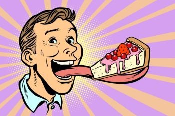 man with a cake in a long tongue. Comic cartoon pop art retro vector illustration. man with a cake in a long tongue