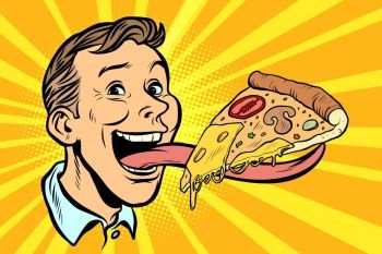 man with pizza on long tongue. Comic cartoon pop art retro vector illustration. man with pizza on long tongue