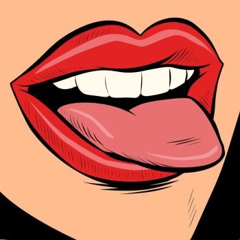woman sexy tongue. Comic cartoon pop art retro vector illustration drawing. woman sexy tongue
