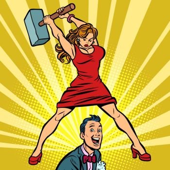 Woman beats a man with a hammer. Comic cartoon pop art retro vector illustration drawing. Woman beats a man with a hammer