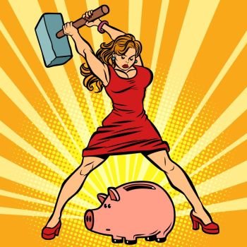 woman breaks piggy Bank. Finance, Economics and consumption. Comic cartoon pop art retro vector illustration drawing. woman breaks piggy Bank. Finance, Economics and consumption