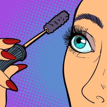 Woman paints eyelashes, makeup. Comic cartoon pop art retro vector illustration drawing. Woman paints eyelashes, makeup