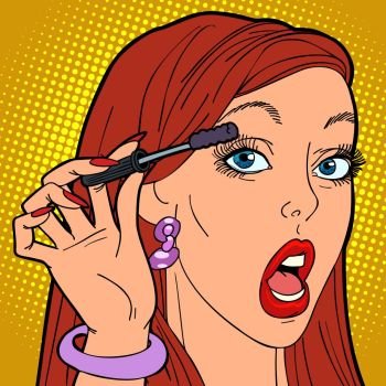Woman paints eyelashes, make-up. Comic cartoon pop art retro vector illustration drawing. Woman paints eyelashes, make-up