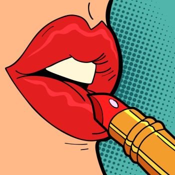 red lipstick, woman lip makeup. Comic cartoon pop art retro vector illustration drawing. red lipstick, woman lip makeup