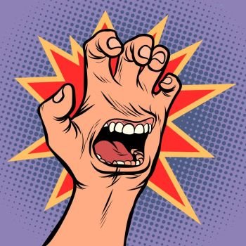 mouth emotion anger hand scratch gesture. Comic cartoon pop art retro vector illustration drawing. mouth emotion anger hand scratch gesture