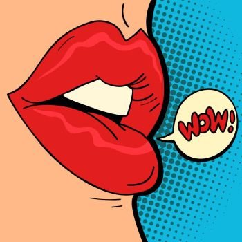 women lips wow. Comic cartoon pop art retro vector illustration drawing. women lips wow