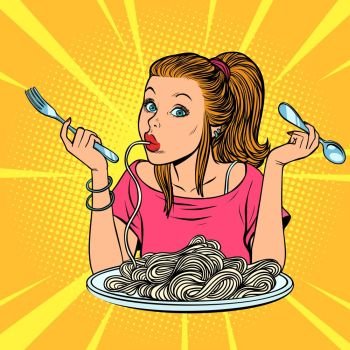 woman eating spaghetti. Comic cartoon pop art retro vector illustration drawing. woman eating spaghetti