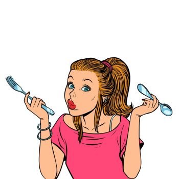 woman with fork and spoon. Comic cartoon pop art retro vector illustration drawing. woman with fork and spoon