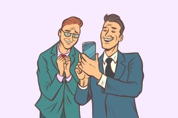 two businessmen affection and joy, look at the smartphone. Comic cartoon pop art retro vector illustration drawing. two businessmen affection and joy, look at the smartphone