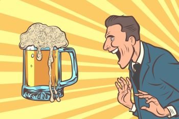 happy man and a mug of beer. Alcoholic drink pub. Comic cartoon pop art retro vector illustration drawing. happy man and beer mug