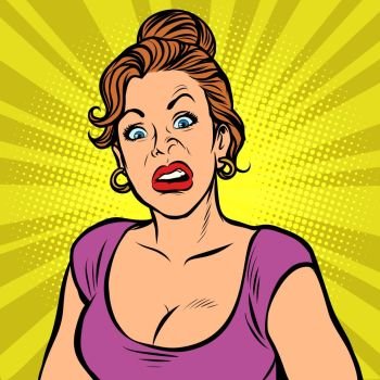 Woman with a funny surprised face. Comic cartoon pop art retro vector illustration drawing. Woman with a funny surprised face