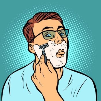 man shaving razors. Comic cartoon pop art retro vector illustration drawing. man shaving razors