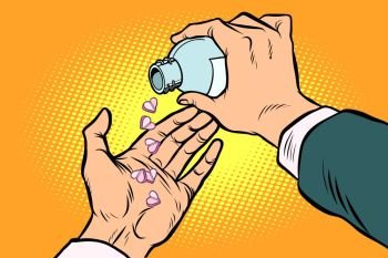 man hand pours out pills hearts. Comic cartoon pop art retro vector illustration drawing. man hand pours out pills hearts