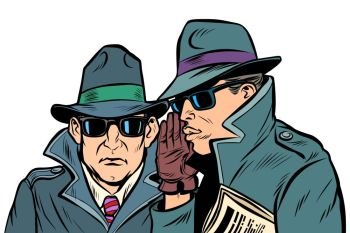 Two secret agents whispering. Comic cartoon pop art retro vector illustration drawing. Two secret agents whispering