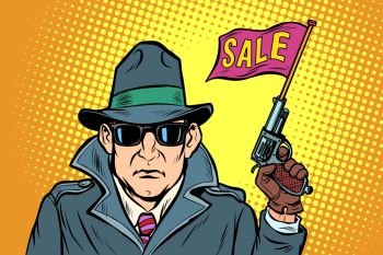 spy secret agent start sales. Comic cartoon pop art retro vector illustration drawing. spy secret agent start sales