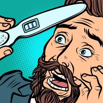 pregnancy test. scared bearded hipster man husband father. Comic cartoon pop art retro vector illustration hand drawing. pregnancy test. scared bearded hipster man husband father