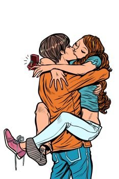 marriage proposal wedding ring. couple in love hugs passionate kiss. man holding woman in his arms. Comic cartoon pop art retro vector illustration drawing isolate on white background. marriage proposal wedding ring. couple in love isolate on white background