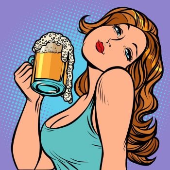 Woman with a mug of beer in profile. Oktoberfest Pub or bar. Comic cartoon pop art retro vector illustration drawing. Woman with a mug of beer in profile