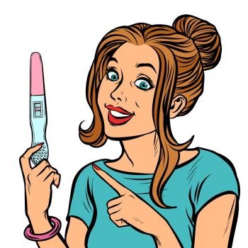 joy happiness woman two strips pregnancy test isolate on white background. Comic cartoon pop art retro vector illustration drawing. joy happiness woman two strips pregnancy test isolate on white background
