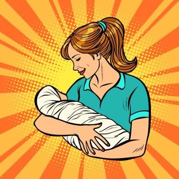 mother with newborn, woman and child. Comic cartoon pop art vector retro vintage drawing. mother with newborn, woman and child