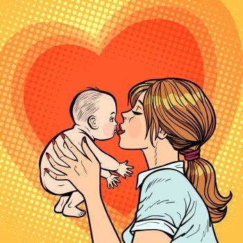 mom kisses baby, woman mother. Comic cartoon pop art vector retro vintage drawing. mom kisses baby, woman mother