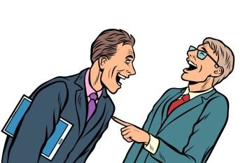 two businessmen meeting laughing. isolate on white background Comic cartoon pop art vector retro vintage drawing. two businessmen meeting laughing isolate on white background