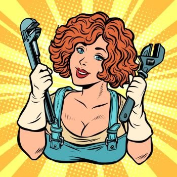 beautiful woman with a wrench. Comic cartoon pop art vector retro vintage drawing. beautiful woman with a wrench