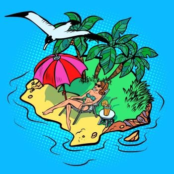 woman sunbathing on a tropical island. Comic cartoon pop art vector retro vintage drawing. woman sunbathing on a tropical island