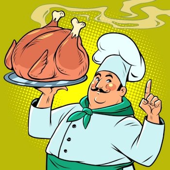 Fried chicken or turkey on a platter from the cook. Thanksgiving and Christmas. comic cartoon vintage retro illustration hand drawing. Fried chicken or turkey on a platter from the cook. Thanksgiving and Christmas