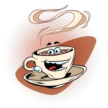 joyful positive cup of coffee funny character. Hot morning drink. Comic cartoon retro vintage kitsch illustration. joyful positive cup of coffee funny character. Hot morning drink