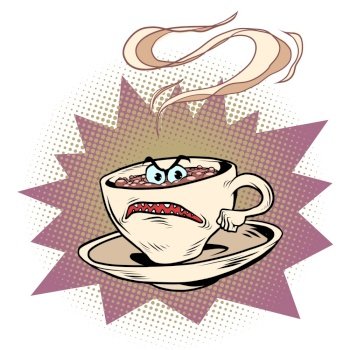 angry negative tired cup of coffee funny character. Hot morning drink. Comic cartoon retro vintage kitsch illustration. angry negative tired cup of coffee funny character. Hot morning drink