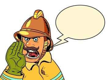 Retro fireman yells about a fire. Danger and rescuers. Comic cartoon pop art retro illustration drawing. Retro fireman yells about a fire. Danger and rescuers