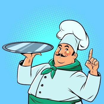 a chef in a restaurant with a tray for food. A professional at work. comic cartoon vintage retro illustration hand drawing. a chef in a restaurant with a tray for food. A professional at work