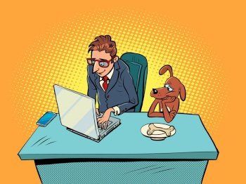 The concept of working with pets a cute dog on the table next to the owner at the laptop. Pet friendly job. A businessman works at a computer with a pet. Life with pets. Comic caricature vintage hand drawn illustration. Pet friendly job, a cute dog on the table next to the owner at the laptop