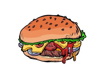 Burger fast food illustration. Cartoon comic book pop art drawing. Burger fast food illustration
