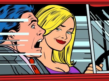 Female driver and male passenger. Cartoon comic book pop art illustration drawing. Female driver and male passenger