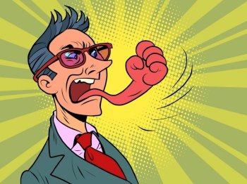 businessman tongue mouth gesture fist of anger. Comic book cartoon pop art hand drawing illustration. businessman tongue mouth gesture fist of anger