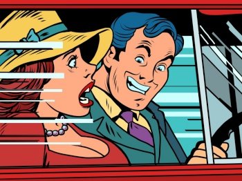 dangerous driving driver and passenger. A woman and a man in a car. Comic book cartoon pop art retro illustration hand drawing. dangerous driving driver and passenger. A woman and a man in a car