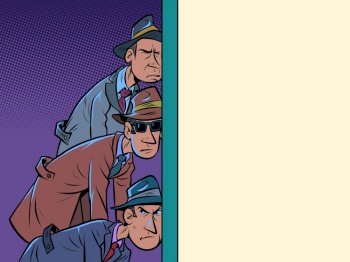 retro spies listening through the wall. A few men put their ear to it and learn the secrets. Comic cartoon pop art retro illustration drawing. retro spies listening through the wall. A few men put their ear to it and learn the secrets
