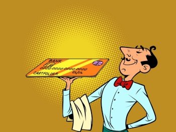 waiter with a credit card, the restaurant accepts bank cards. Comic cartoon pop art retro style hand drawing. waiter with a credit card, the restaurant accepts bank cards