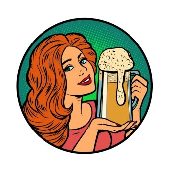 A beautiful woman with a mug of foamy beer. Bar and restaurant alcoholic beverages. comic cartoon vintage retro illustration hand drawing. A beautiful woman with a mug of foamy beer. Bar and restaurant alcoholic beverages