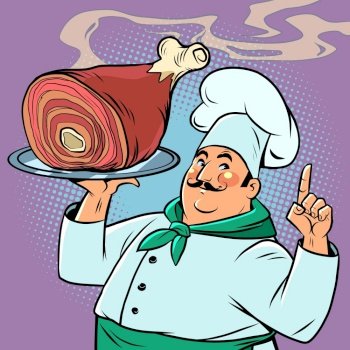 Chef and Fried meat knuckle on a tray. comic cartoon vintage retro illustration hand drawing. Chef and Fried meat knuckle on a tray
