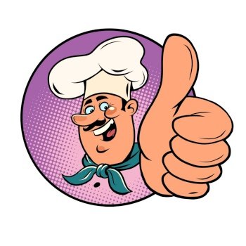 Chef cook makes a like gesture, thumbs up. Comic cartoon vintage 50s 60s style hand drawing. Chef cook makes a like gesture, thumbs up