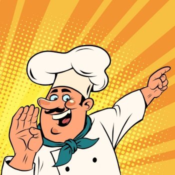 Man chef in a white cap. Smiling face. Professional points a finger. Comic cartoon vintage 50s 60s style hand drawing. Man chef in a white cap. Smiling face. Professional points a finger