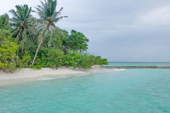 the island of Maldives of Fiholhohi a landscape the beach with blue water of the Indian Ocean in cloudy day