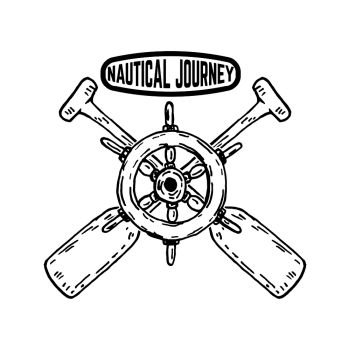 Nautical journey Emblem with Ship’s steering wheel with crossed paddles . Design element for poster,sign, badge. Vector illustration
