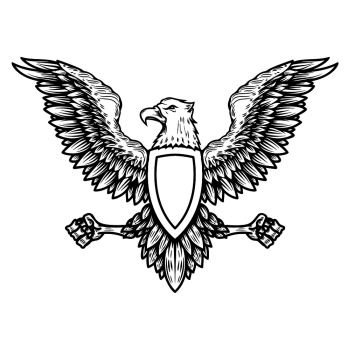 Emblem template with eagle in engraving style. Design elements for logo, label, sign, menu. Vector illustration
