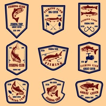 Set of fishing club emblems. Design element for logo, label, emblem, sign. Vector illustration