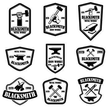Set of blacksmith emblems. Design element for logo, label, sign, poster, t shirt. Vector illustration